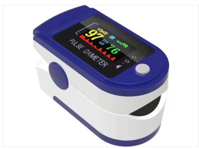 Blue fingertip pulse oximeter showing SpO2 and pulse readings