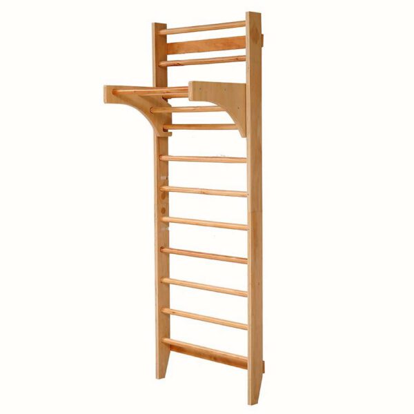 Pine Swedish ladder wall bars with ten rungs and a pull-up bar at the top