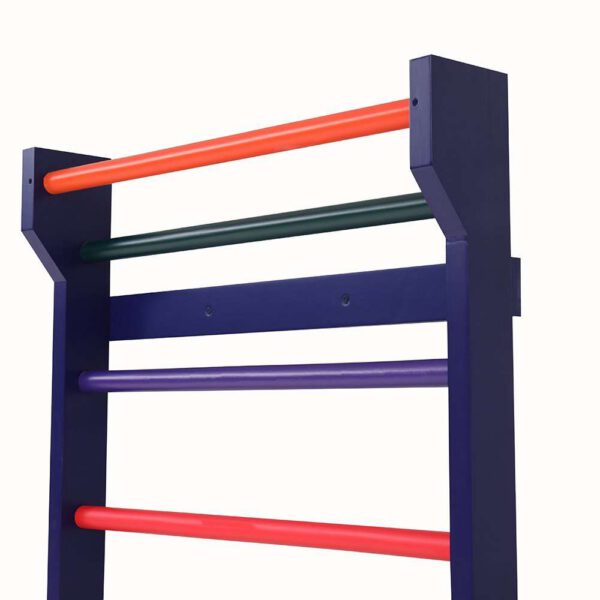 Top of a navy Swedish ladder with orange, green, purple and red rungs