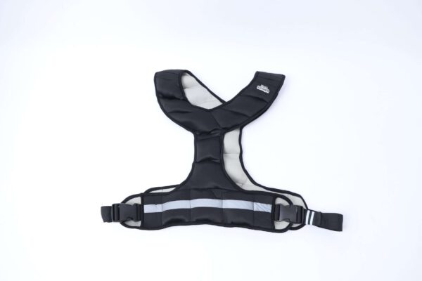 Black women's weighted vest laid flat, with a reflective strip on the waist belt