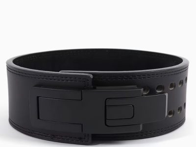 Black 10cm leather lever belt with a steel lever buckle